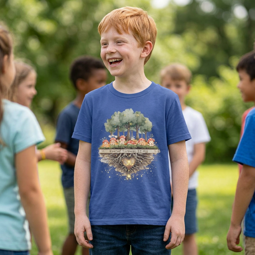 Rooted Through It All Youth Tee | Emoshrooms Mental Health Shirt for Kids