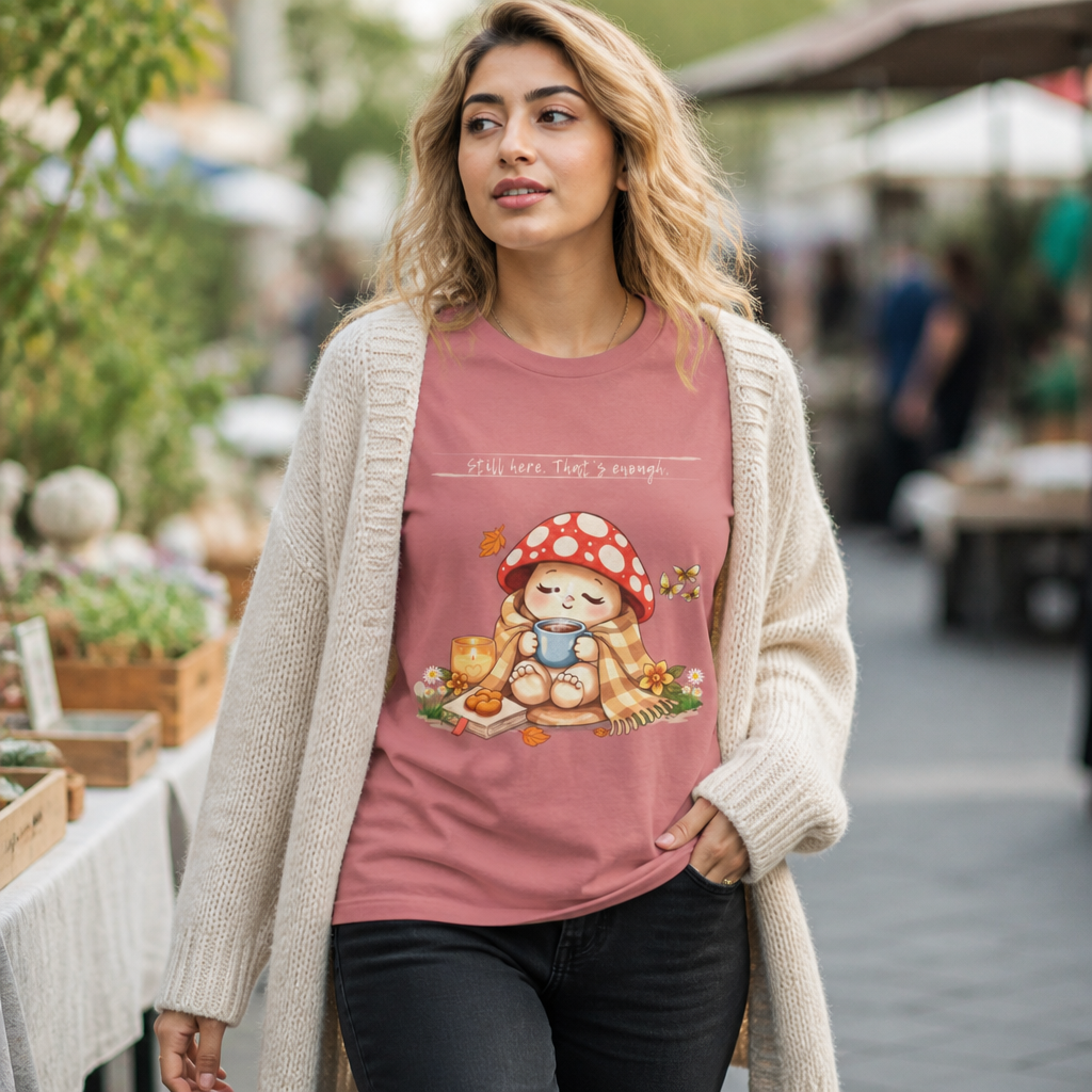 Still Here. That's Enough. | Bloomspore Recovering Emoshroom Mental Health Shirt